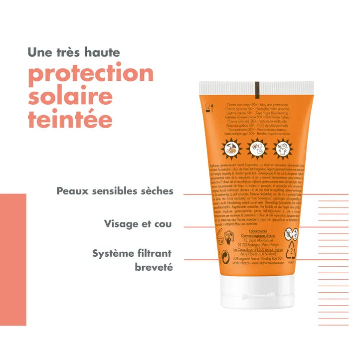 Avène SOLAIRE - Crème Teintée SPF50+ - Visage - Peaux Sensibles et Sèches, 50ml