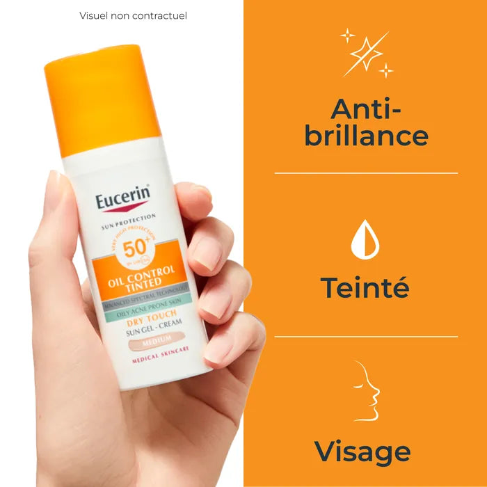 EUCERIN SUN PROTECTION - Sun Gel-Crème Solaire Oil Control Teinté Medium SPF50+ Toucher Sec - Visage - Peaux à Imperfections, 50ml