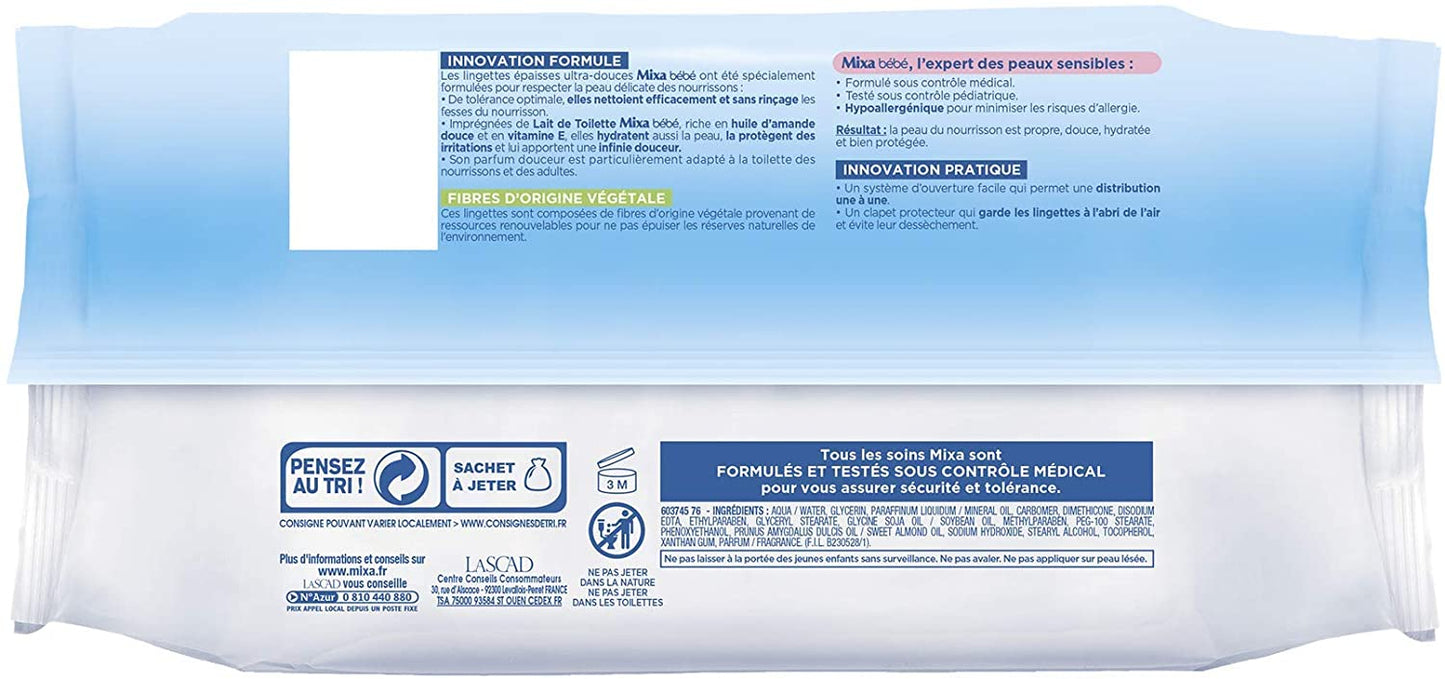 Mixa Bébé Lingettes au Lait de Toilette – Fibres Végétales – Hypoallergénique x80