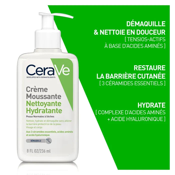 CeraVe Crème Moussante Nettoyante Hydratante Visage pour les Peaux Normales à Sèches, 236ml