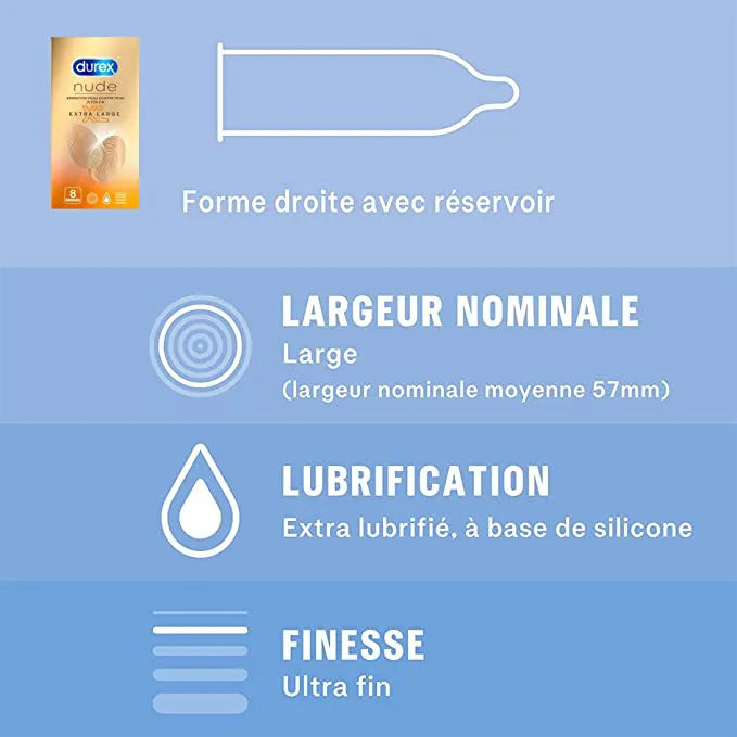 Durex NUDE - Préservatifs Extra Lubrifiés XL Ultra Fins, 8 Unités