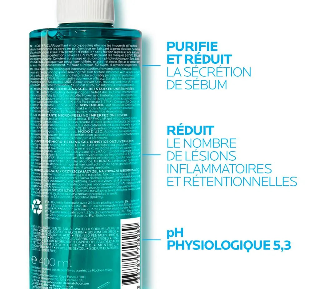 La Roche-Posay EFFACLAR - Gel Purifiant MicroPeeling Imperfections Sévères - Visage, buste, épaule & dos, 400ml