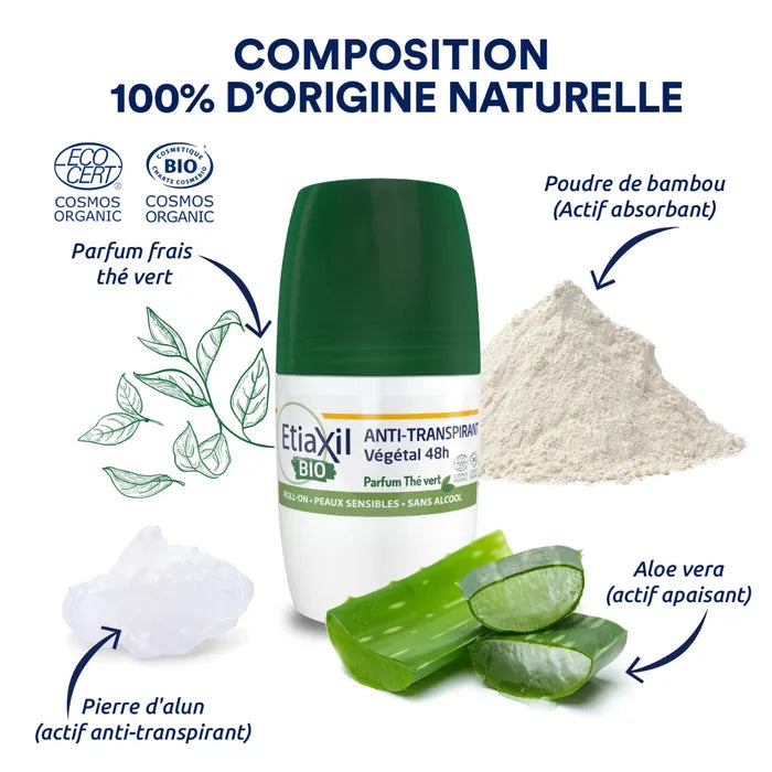 Etiaxil Déodorant Roll-On Anti-Transpirant Végétal 48h Bio - Parfum Thé Vert, 50ml