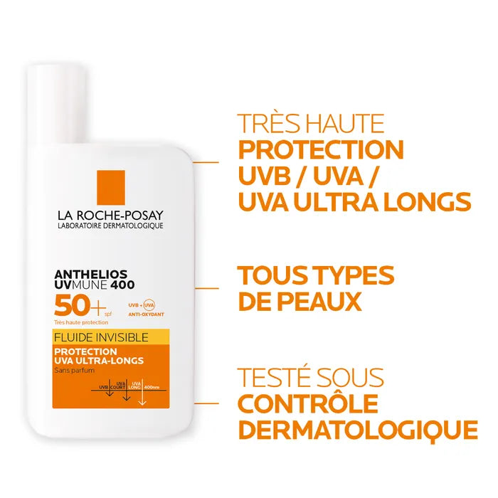 La Roche-Posay ANTHELIOS UVMUNE 400 - SPF50+ Fluide Solaire Invisible Visage Sans Parfum Peaux Sensibles, 50ml