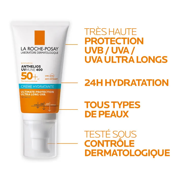 La Roche-Posay ANTHELIOS UVMUNE 400- SPF50+ Crème Solaire Visage Hydratante Sans Parfum, Peaux Sensibles, 50ml