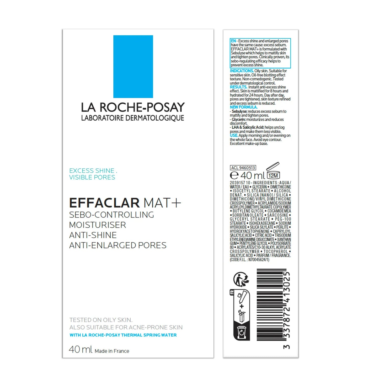 LA ROCHE POSAY EFFACLAR MAT+ - Soin Matifiant Crème Hydratante Sébo-Régulatrice - Peaux Grasses, 40ml