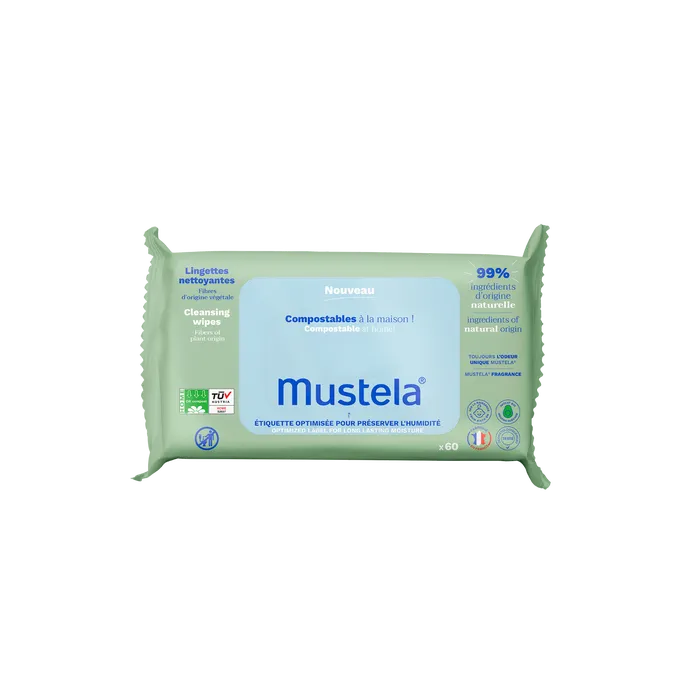 Mustela BEBE - Lingettes Nettoyantes Parfumées Compostables, 60 Lingettes