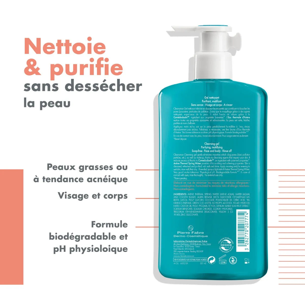 Avène CLEANANCE - Gel Nettoyant Purifiant - Visage et Dos - Peaux Grasses à Imperfections, 400ml