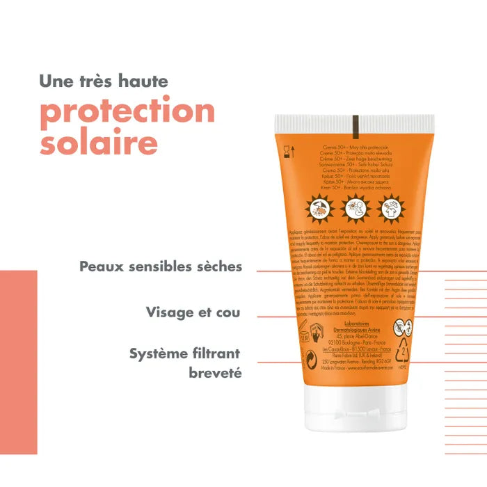 Avène SOLAIRE - Crème Fini Invisible SPF50+ - Visage - Peaux Sensibles et Sèches, 50ml
