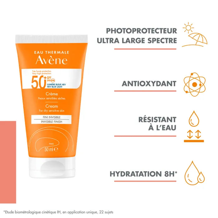 Avène SOLAIRE - Crème Fini Invisible SPF50+ - Visage - Peaux Sensibles et Sèches, 50ml