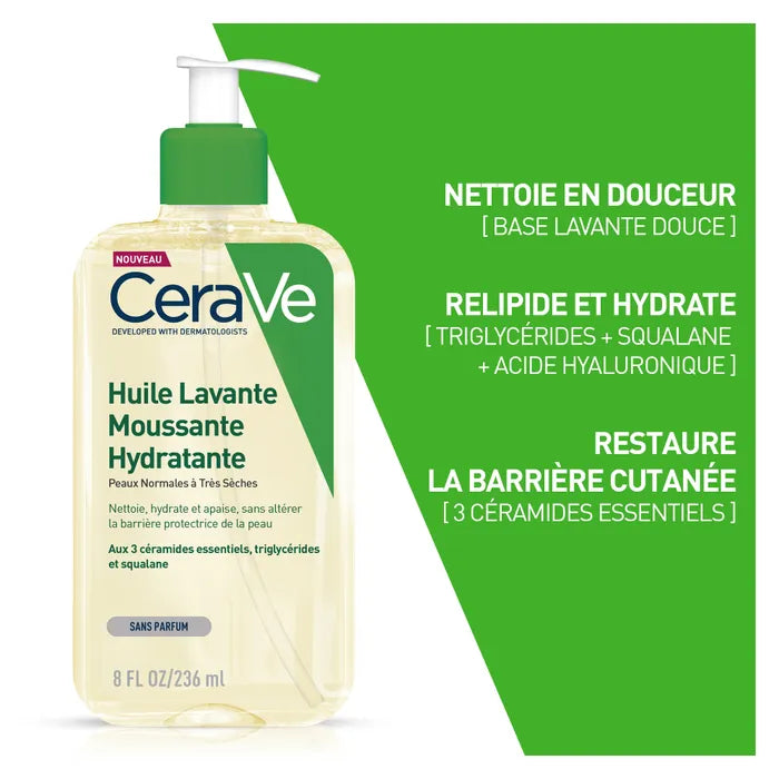 CeraVe Huile Lavante Moussante et Hydratante - Peaux Normales à Très Sèches, 236ml