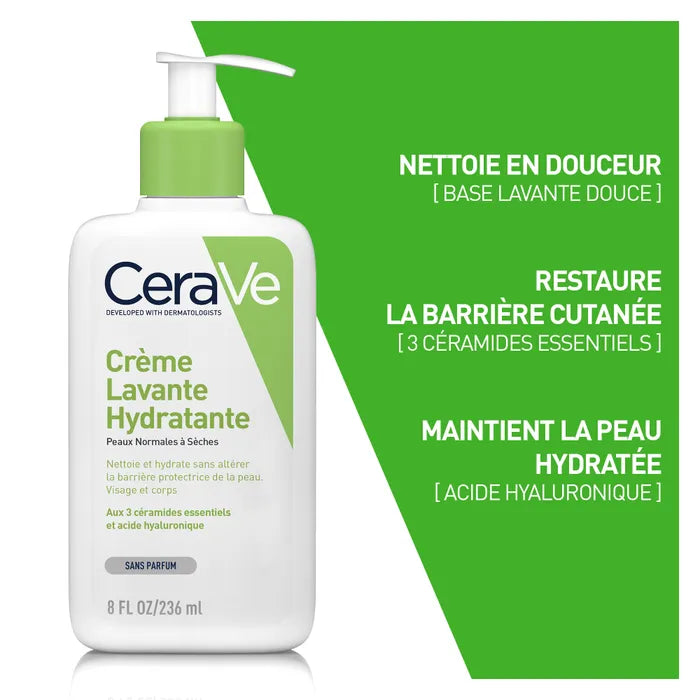 CeraVe Crème Lavante Hydratante Visage et Corps Pour les Peaux Normales à Très Sèches, 236ml