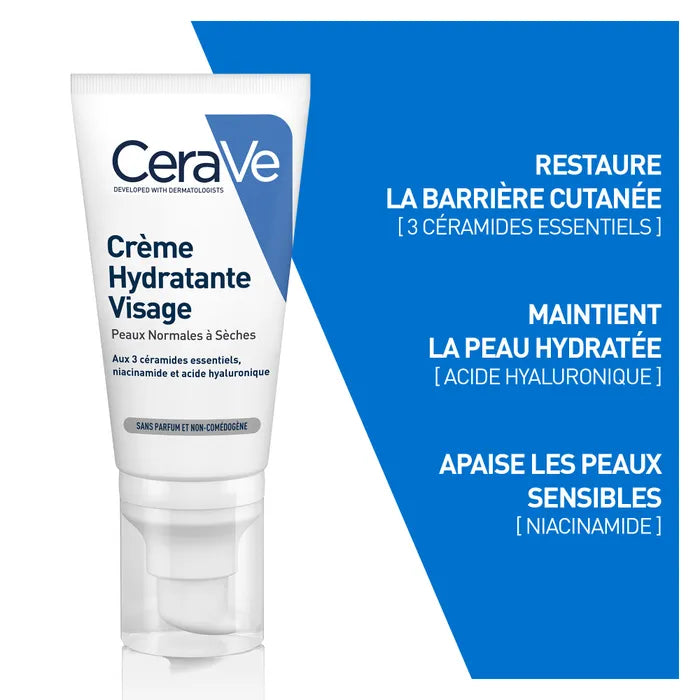 CeraVe Crème Hydratante Visage Pour les Peaux Normales à Sèches, 52ml