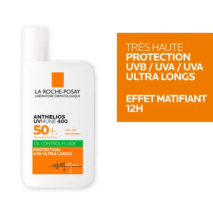 La Roche-Posay ANTHELIOS UVMUNE 400 - SPF50+ Fluide Solaire Visage Matifiant Avec Parfum, Peaux Mixtes à Grasses, 50ml
