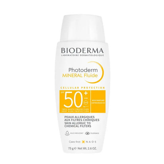 Bioderma PHOTODERM MINERAL - Fluide Solaire Sans Parfum SPF50+ - Visage et Corps - Peaux Allergiques aux Filtres Chimiques, 75g