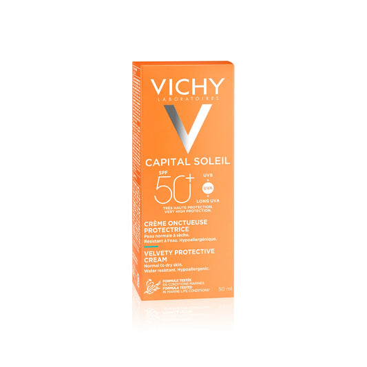 IDEAL SOLEIL - SPF50+ VICHY Crème Solaire Onctueuse Protectrice, Visage Peaux Sensibles Normales à Sèches, 50ML