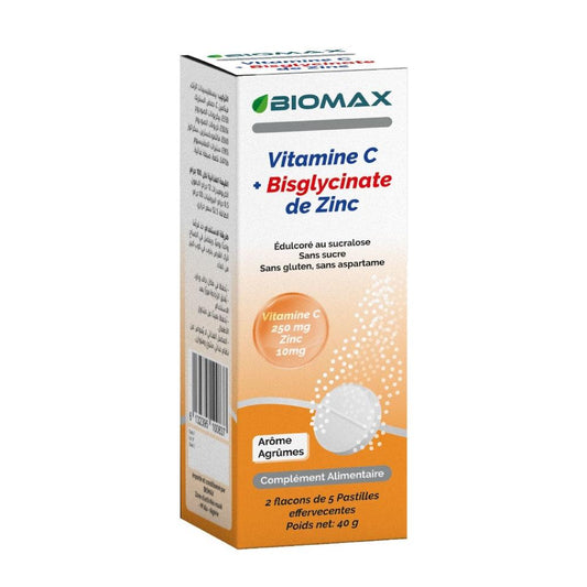 Biomax Vitamine C + Zinc, 2 flacons de 5 pastilles effervescents
